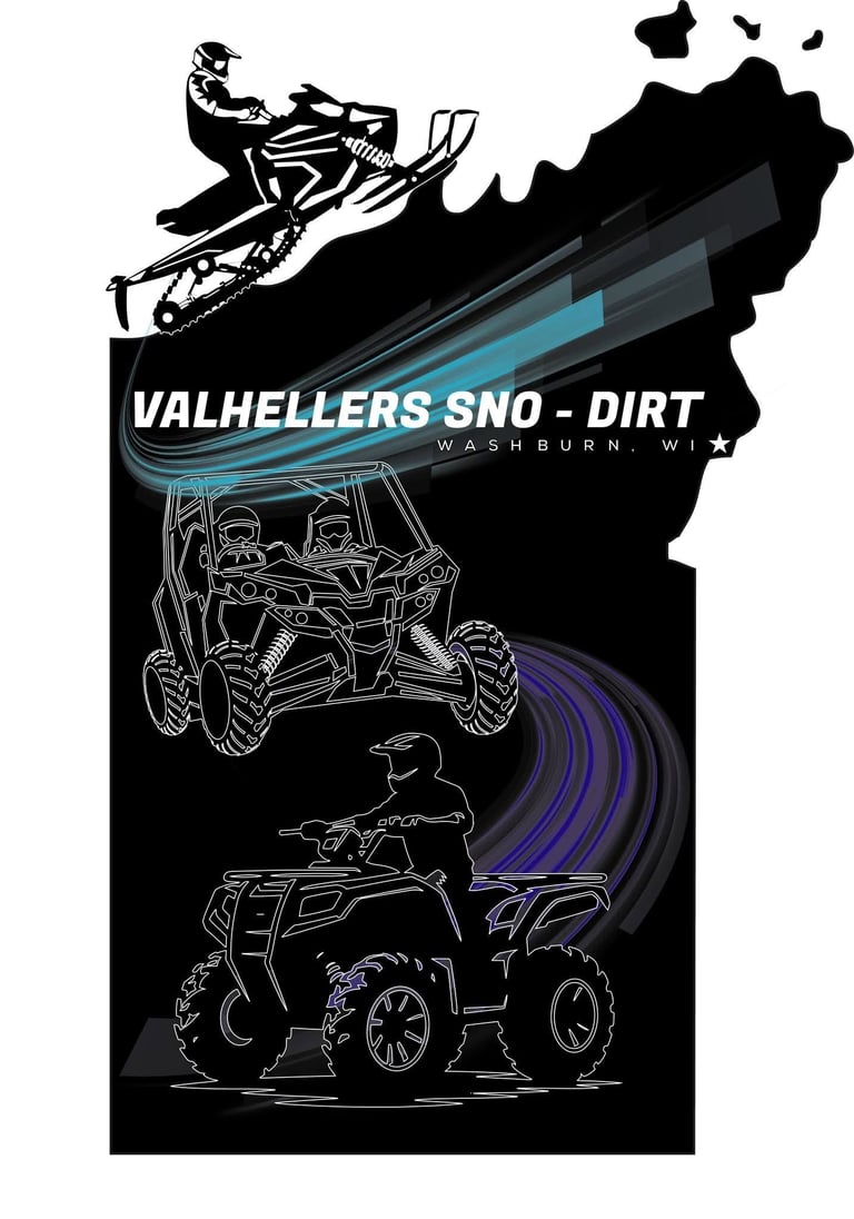 Valhellers Sno-Dirt logo from Washburn, WI featuring silhouettes of snowmobile, ATV, and dune buggy on black background with blue accents