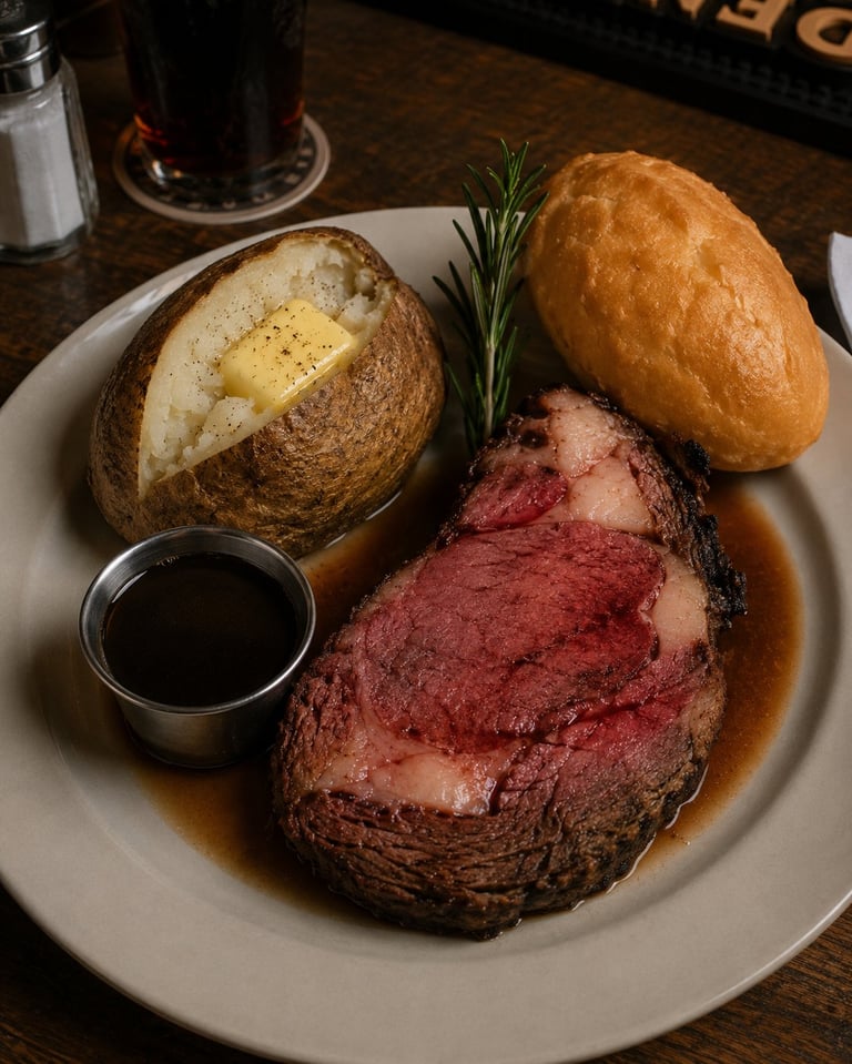 Plated prime rib steak with baked potato, dinner roll, rosemary garnish, and au jus sauce on white plate