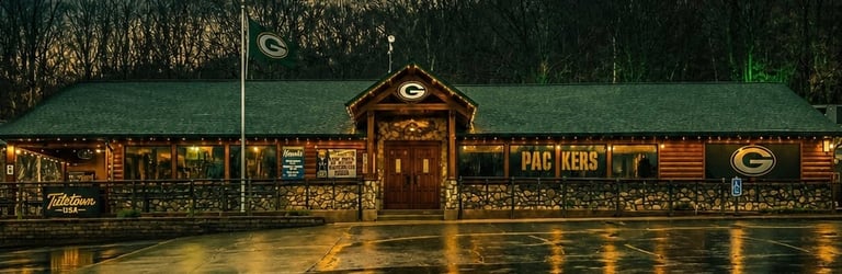 Rustic log cabin styled Green Bay Packers building with stone foundation, illuminated at dusk with wet ground reflecting lights