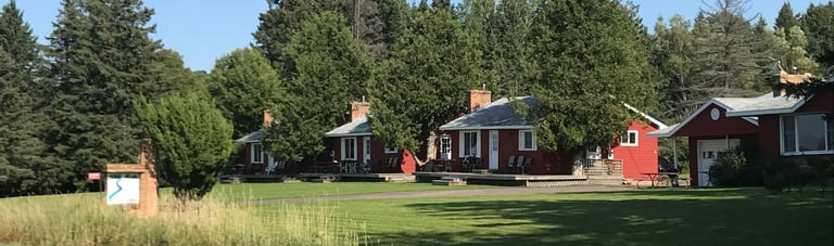 Scenic rural property with multiple small cabins and outbuildings surrounded by tall trees and green grass