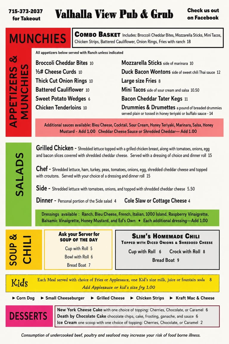 Menu for Valhalla View Pub and Grub featuring appetizers, salads, soups, chili, kids meals, and desserts with pricing