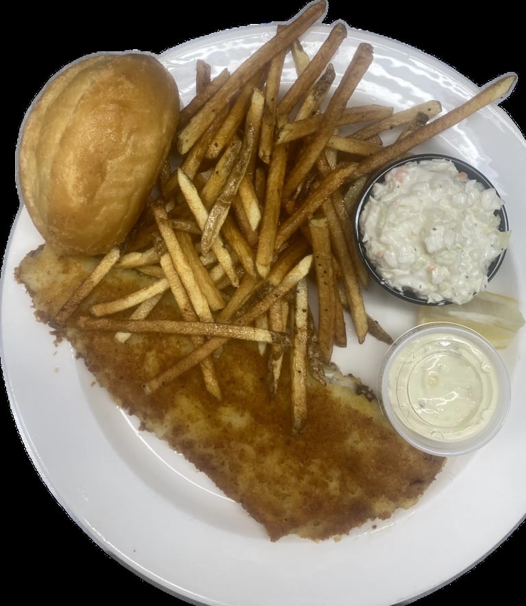 Plate with fried chicken, golden fries, and a bun, served with coleslaw and sauce on the side