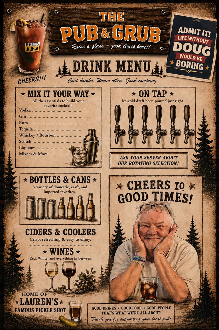 Rustic pub drink menu poster featuring cocktail options, beer taps, wines, and a cheerful man raising his glass in a toast