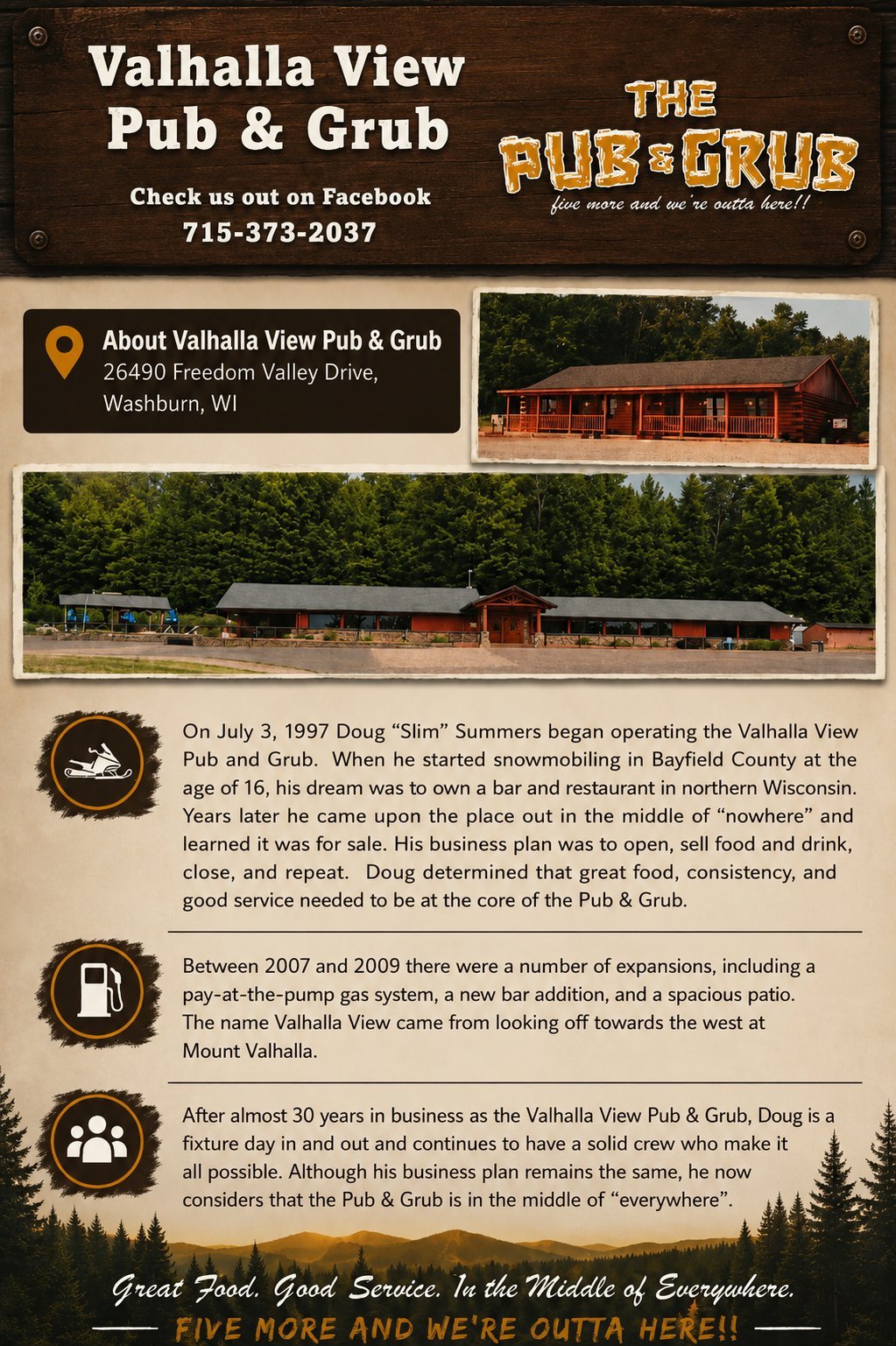 Valhalla View Pub and Grub website showcasing restaurant location, history, and rustic building exterior in Washburn, Wisconsin