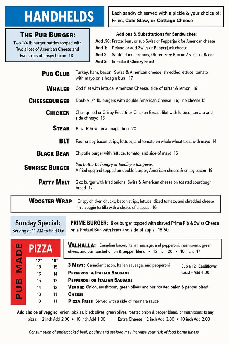 Menu displaying hand-held sandwiches, pizza options, and daily specials with prices and descriptions of ingredients