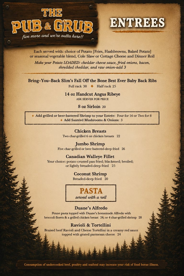 Menu page from The Pub and Grub restaurant displaying entrees and pasta options with prices