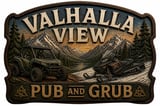 Valhalla View Pub and Grub logo featuring mountains, off-road vehicles, and Norse-inspired design elements