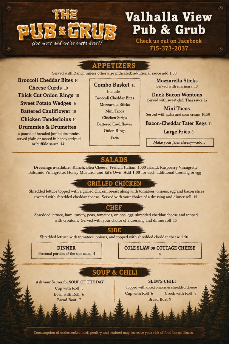 Valhalla View Pub & Grub menu featuring appetizers, salads, grilled chicken, dinner options, and soup with wood-themed design