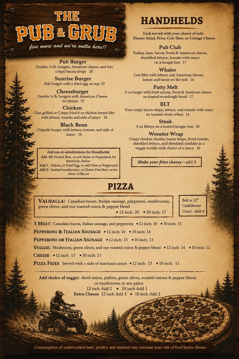 The Pub & Grub menu featuring burgers, handhelds, and pizzas with rustic wood and forest design elements