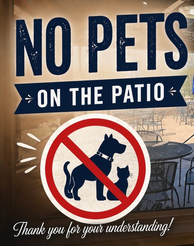 Sign displaying No Pets On The Patio with a red prohibition symbol showing a dog and cat crossed out, and text reading Thank you for your understanding
